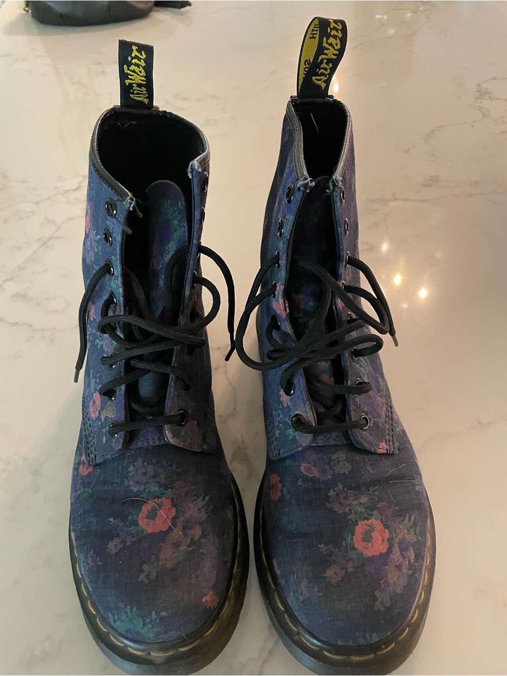 Dr. Martens Floral Lace-Up Combat Boots in Navy